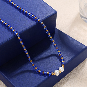 <b>Beaded</b> Necklace <b>Set</b> With Blue Crystals And Pearls For Women Fashion Jewelry Gift Unisex Stainless Steel Chain 2025 New Arrival - Product Image 2