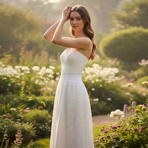 Abito Lungo Bianco in Pizzo Senza Spalline Personalizzato per Donna con Corpetto Arricciato Vestiti Bandeau per Signore - Product Image 3