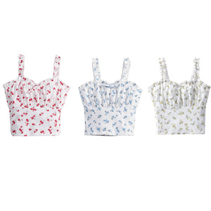 Top Corto Estivo da Ragazza con Stampa Floreale e Bordo Arricciato, Camicia Preppy di Alta Qualità per Uso Quotidiano e Feste - Product Image 1