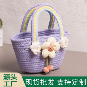 Bolso de Mano de Cuerda de Algodón Tejida Arcoíris, Bolso Tipo Cubo para Mujer con Decoración Floral, Ligero, para Bodas y Playa, Verano 2023 - Product Image 4