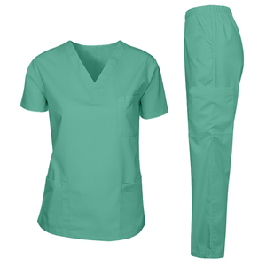 Ensemble de blouses médicales marron, haut à col en V à manches courtes avec plusieurs poches, pantalon à taille élastique, léger et respirant pour le travail quotidien - Product Image 3