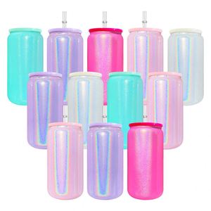 Vaso de Vidrio Holográfico Brillante de 16 oz con Tapa de Plástico de Color para Sublimación, Transferencia por Calor, Impresión y Manualidades - Product Image 2