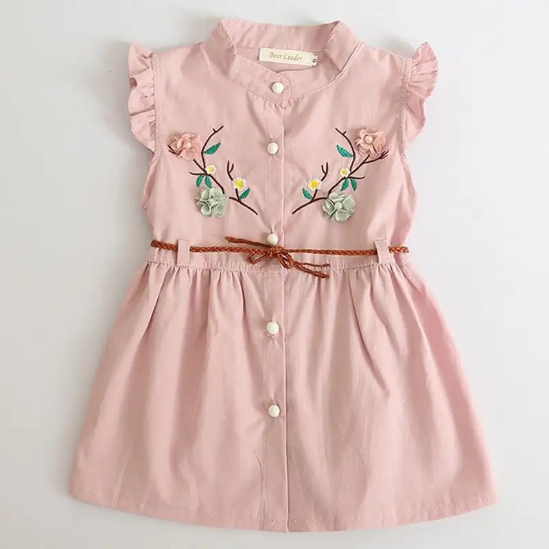 Bébé rose jaune couleur Robes 2018 Nouvel Été Bébé Filles Vêtements Fleurs Broderie Princesse Robes Avec ceinture