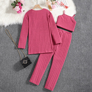 Girls Casual Outfits Set Solid Cami <b>Top</b> Open Front Coat Knitted Leggings 3Pcs for 8-12Years New Model Pants - Product Image 3