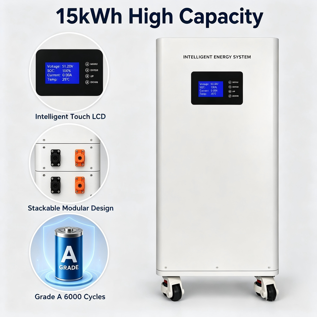 51.2V 300Ah 15kWh LiFePO4 Solar Battery 6000 Cycles Intelligent LCD Floor-Mounted Stackable Home Energy Storage System