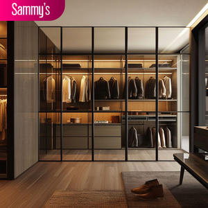 Armoire sur mesure moderne en placage gris mat avec îlot central en verre, écologique, luxe, aluminium, salon, villa - Product Image 1