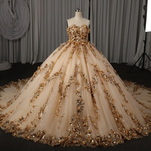 Hmy20 Robe de soirée exquise style robe de bal couleur champagne, richement ornée de paillettes dorées et d'appliques florales 3D, avec traîne cathédrale Jancemebr - Product Image 2