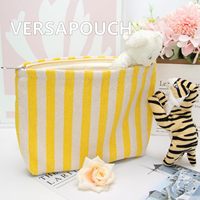 Sac de toilette portable en toile personnalisé avec logo, sac de maquillage de voyage simple, trousse de toilette neutre en lin rayé, sac cosmétique