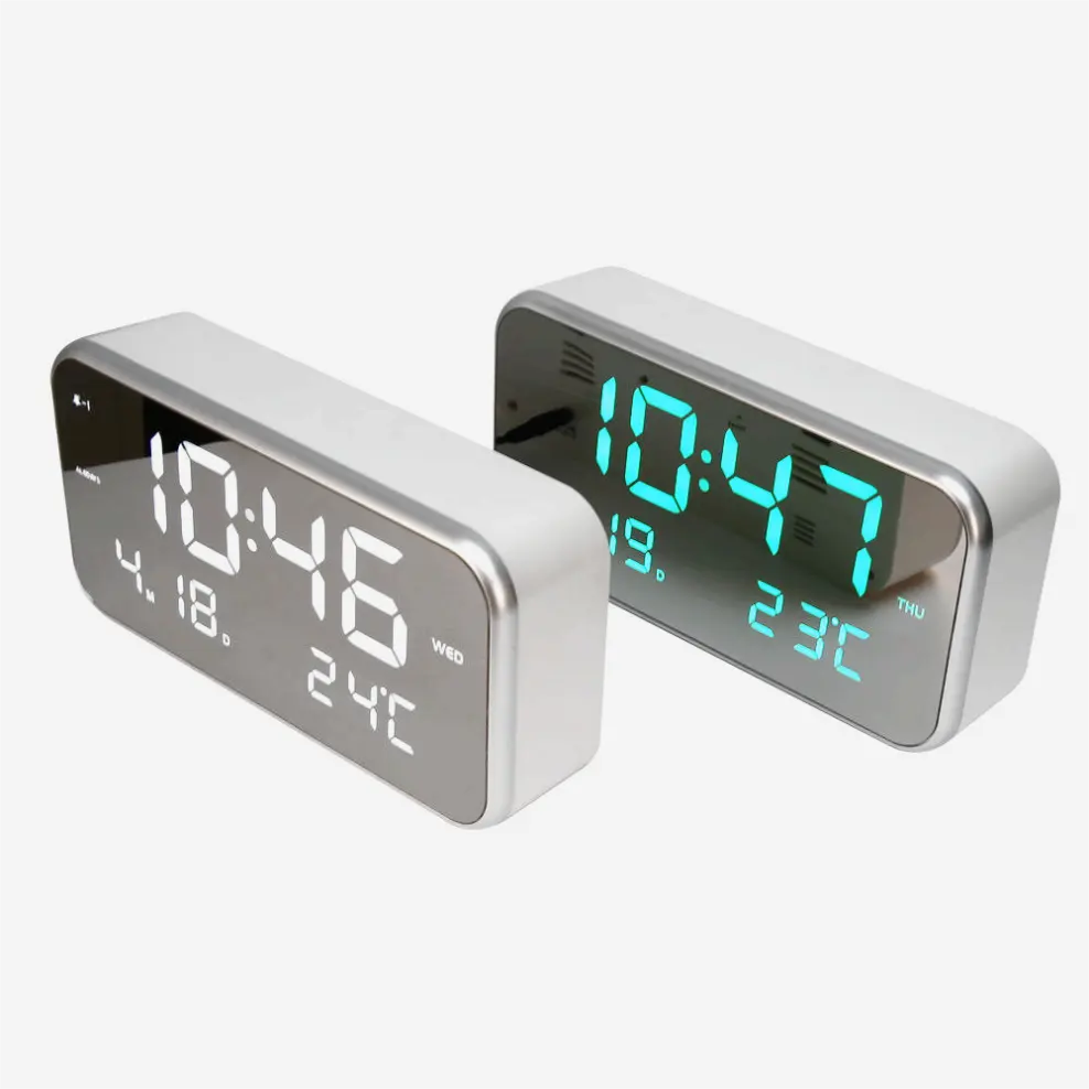 LED Mirror Digital Alarm, Snooze Table Clocks Wake Up Mute Calendar New product ideas 2021 Factory price 7 Color Change/