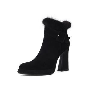 Bottines en <span class=keywords><strong>daim</strong></span> <span class=keywords><strong>taupe</strong></span> pour femmes, avec garniture en fourrure, sangle à boucle, talon bloc, plateforme, bottes habillées d'hiver - Product Image 2