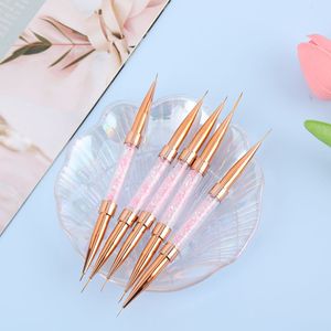 Pinceau double embout pour nail art, or rose, poils synthétiques, strass, virole en cuivre, plat, pour dessin floral, stylo de peinture gel pour ongles - Product Image 2