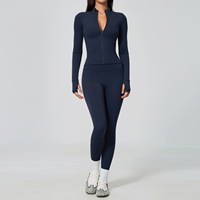 Ensemble de vêtements de sport pour femmes en 2 pièces avec haut à manches longues zippé, leggings taille haute, respirant, extensible, tenue de sport et de yoga pour la course à pied