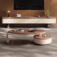 Table basse ovale en bois massif de luxe léger, style villa, pour salon, design haut de gamme, couleur noyer, cuir