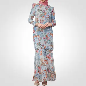 SIPO Eid sıcak satış malezya Muslimah Wanita kabarık omuz müslüman mavi çiçek elbise Modern Baju kuku