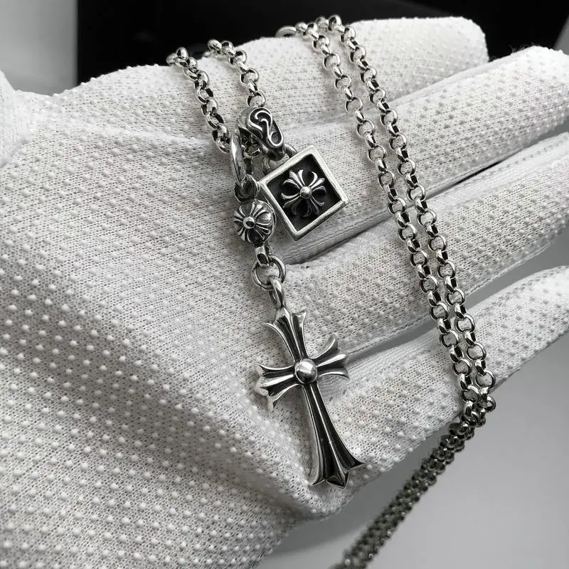 Vintage chrome coeur collier bijoux croix pendentif longue croix double pendentifs rétro Thai collier en argent pour homme