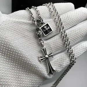 Vintage chrome heart necklace jewelry Cross pendant long cross double pendants retro Thai silver necklace for man