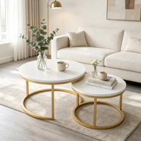 Ensemble de tables basses gigognes modernes, plateau blanc mat, structure en métal doré, 2 pièces, pour salon, appartement, chambre à coucher