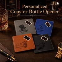 Décapsuleur et sous-verre 2-en-1 carré en cuir PU, personnalisable au laser, haute qualité, vierges pour logo