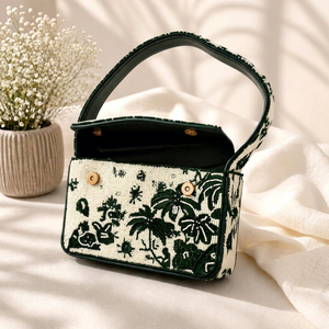 Handmade Embroidered Rectangular Handbag Green <b>White</b> Tropical Pattern Cotton Leather Handle Craft <b>Purse</b> - Product Image 1