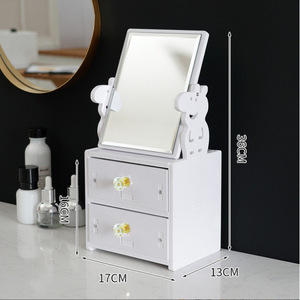 White Wooden Desk Mirror With Drawer Cat Ear Design Cosmetic <b>Storage</b> Organizer For Makeup And Jewelry Desktop Vanity Mirror Set - Product Image 3