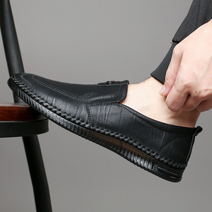 Mocassins en cuir blanc pour hommes, bout rond, à enfiler, semelle en caoutchouc respirante, chaussures décontractées pour le travail et le quotidien - Product Image 4