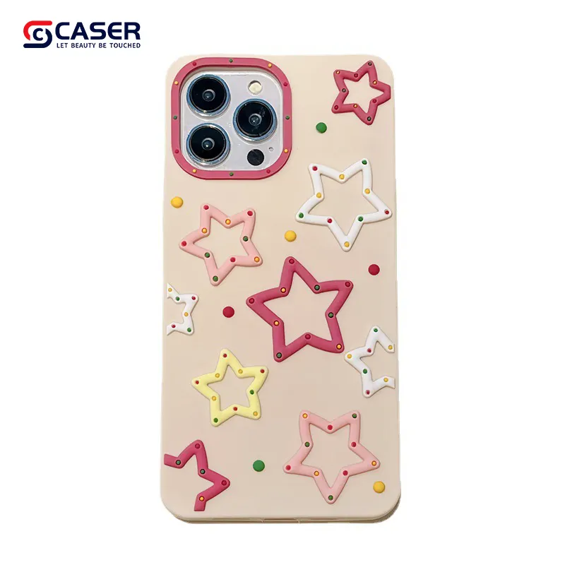 Casing ponsel kartun warna-warni 3D bintang merah muda wanita produk baru penutup ponsel silikon terasa kulit untuk Iphone 15 14 13 12