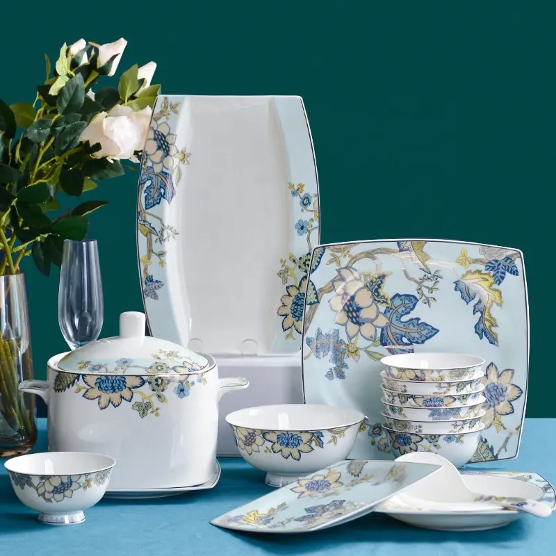 Wholesale luxury kitchenware sets fine bone china tableware home ceramic bowls plates dinnerware sets