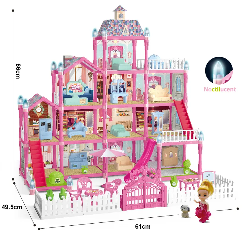 Rumah boneka DIY, rumah bermain dengan noctilucent dalam ruangan DIY villa toyn plastik untuk prasekolah, anak perempuan & anak laki-laki