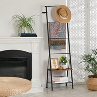 Étagère échelle décorative marron rustique avec crochets, style ferme, support autoportant en métal pour couvertures et serviettes, rangement pour salon