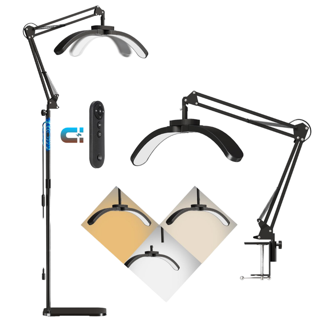 Lash Tech Floor Lamp with Clamp Foldable LED Half Moon Light Rotating Arm and Adjustable Height for Beauty Tattoo Work