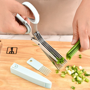 Stainless Steel 5 Layer Scallion Scissors <b>Kitchen</b> Herb Cutter For Home Use Green Handle With Protective Cover - Product Image 2
