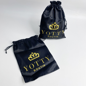 Bolsa de satén con cordón y logotipo personalizado, bolsa de satén negro con estampado en lámina dorada para empaque de pelucas, ropa y joyería. - Product Image 2