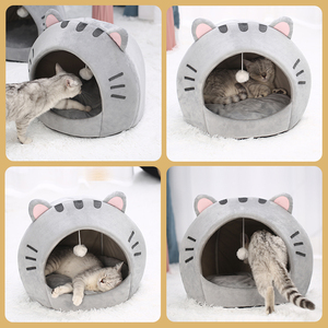 <span class=keywords><strong>Lit</strong></span>-caverne pour chat d'intérieur avec coussin amovible - Tente en peluche pour animaux <span class=keywords><strong>de</strong></span> compagnie, design oreilles <span class=keywords><strong>de</strong></span> dessin animé, <span class=keywords><strong>lit</strong></span> pour animaux <span class=keywords><strong>de</strong></span> compagnie avec <span class=keywords><strong>pompon</strong></span> pour chats - Product Image 4