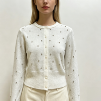 Cardigan en tricot blanc pour femme, personnalisé, OEM & ODM, haute qualité, à manches longues, orné de strass