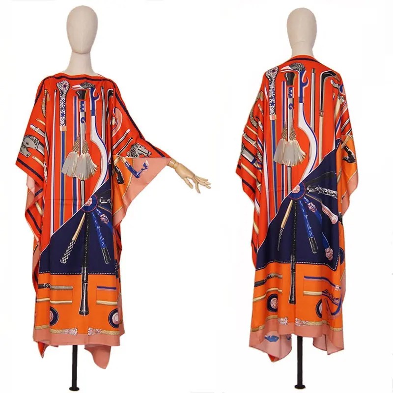Robe longue en soie pour femme, Kaftan Orange, mode, imprimé artistique, vêtement d'été pour dames, Kaftan marocain, vente en gros