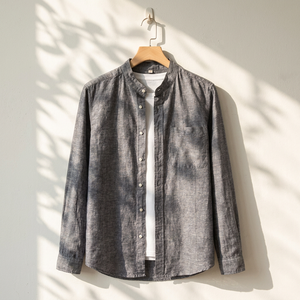 Camicie da <span class=keywords><strong>Uomo</strong></span> Personalizzate all'Ingrosso in <span class=keywords><strong>Misto</strong></span> <span class=keywords><strong>Lino</strong></span> e Cotone con Colletto alla Coreana e Manica Lunga, con Tasca Singola sul Petto, OEM ODM - Product Image 5