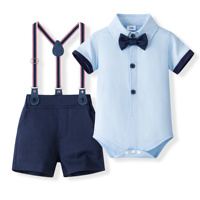 Catpapa - Conjunto de 3 piezas para bebé niño: Body con ribete, pantalón corto con tirantes azul marino y pajarita - Traje de caballero para bautizo o fiesta
