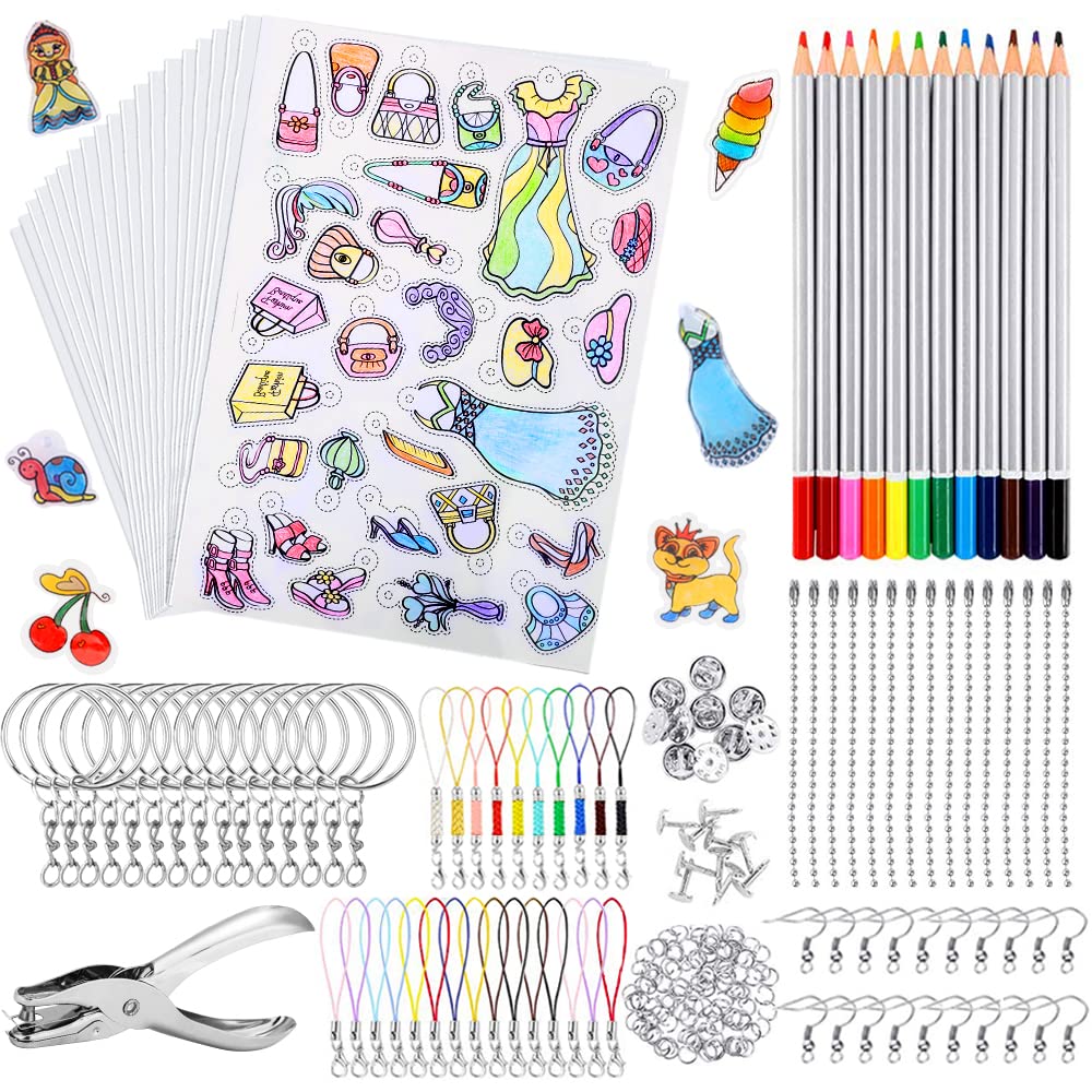 Anvin - Kit di fogli di plastica termoretraibile termoretraibile, 157 pezzi, carta per film d'arte con accessori per portachiavi, ganci per orecchie, perline per catene, chiusure a moschettone