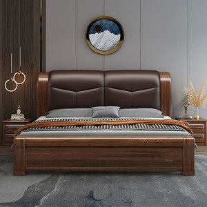 Walnut Solid Wood Bed 1.8m Storage Soft <b>Headboard</b> Modern Chinese Style Double Bed Bedroom Furniture - Product Image 1