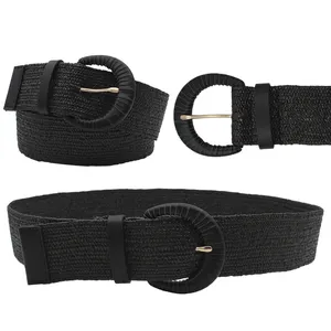 Good quality 50mm BLACK PU enlaced buckle ladies design raffia elastic belts