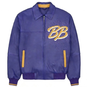 Blouson Bomber <span class=keywords><strong>en</strong></span> Cuir pour Homme Style Urbain, Patchwork, Broderie Personnalisée de Strass, <span class=keywords><strong>en</strong></span> Peau d'Agneau, Type Varsity - Product Image 2