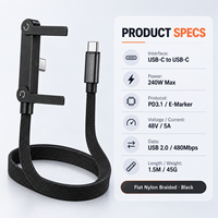 Support de téléphone pliable 2-en-1 avec câble USB-C vers USB-C 240W PD3.1 5A E-Marker 1,5M plat en nylon tressé – Vente en gros