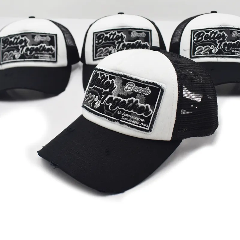 Parche de bordado logotipo impreso cuero camionero sombrero personalizado al por mayor negro casquillo del camionero de malla