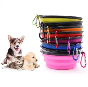 便携式可折叠狗水碗，带卡其，用于旅行野营喂食碗可折叠旅行硅胶宠物狗碗