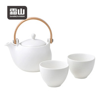 Set Teko Keramik Grosir SHIMOYAMA Retro Putih dengan Saringan 304SS Gagang Bambu 2*Cangkir