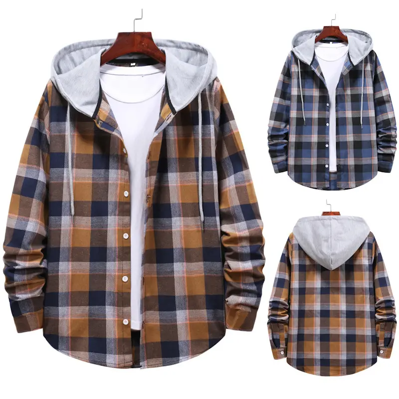 Large Size Men's Long Sleeve Plaid Shirt Casual Single-breasted Cardigan Hooded Shirt For Men