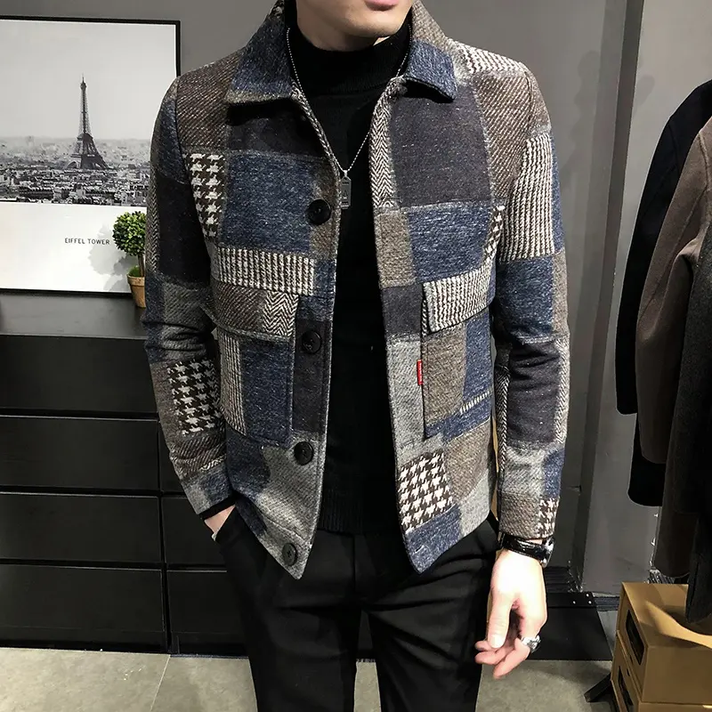 2023 autunno e inverno moda nuovi uomini Casual risvolto giacca senza cappuccio/cappotto di lana scozzese sottile maschile