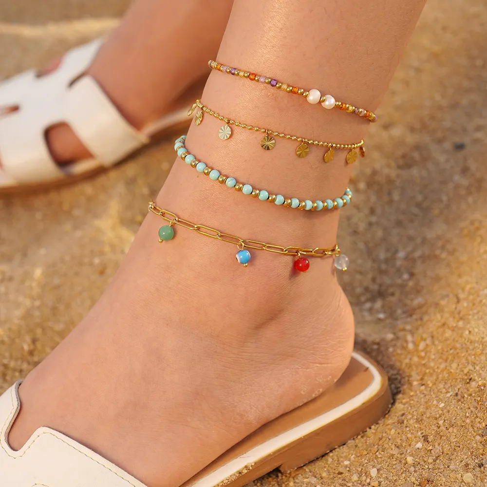 SS 18K Gold Plated Stainless Steel Jewelry Beach Natural Pearl Colorful Stone Beads Chain Ankle Bracelet for Girls