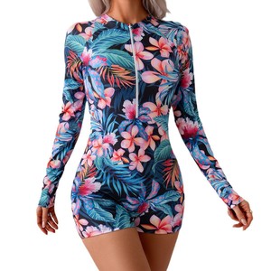 Maillot de bain une pièce à imprimé tropical pour femmes, avec fermeture éclair, manches longues, protection solaire, pour le surf, Smlxl - Product Image 5
