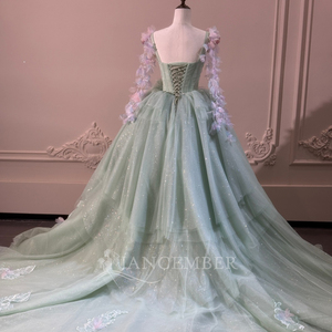XS293 Glitter Mint Green <b>Ruffle</b> Evening Ball Gown <b>Dresses</b> With Sleeve - Product Image 6